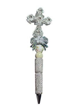 Rhinestone Cross Decorative Pen With Floral Beads & Crystal Accents - Elegant Ha
